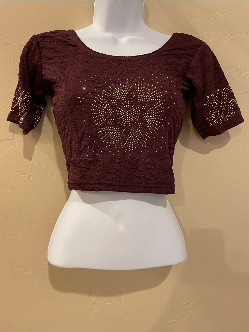 Women’s stretchable saree Blouse Jewel-Embellished Top in Deep Burgundy